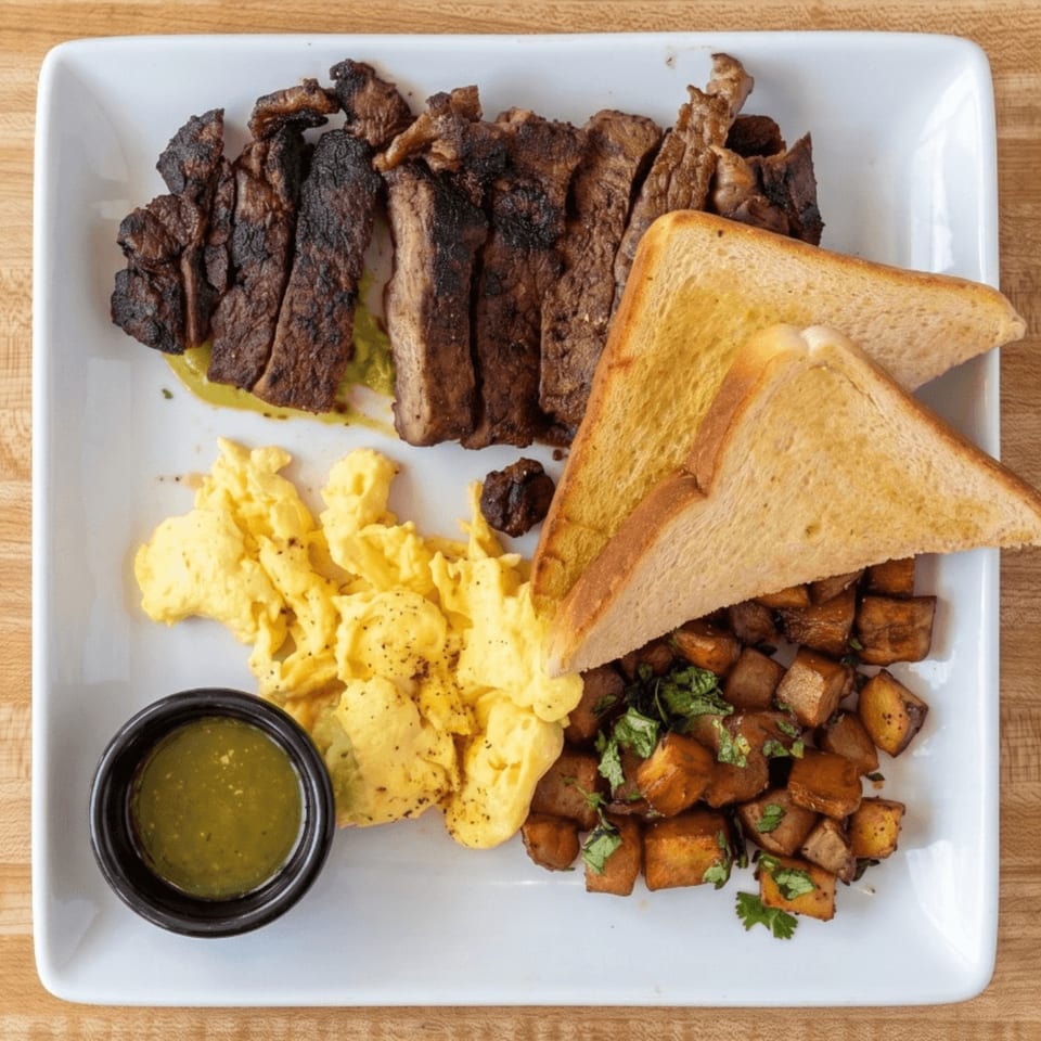 A breakfast plate with sliced steak, scrambled eggs, toast, home fries, and green salsa.